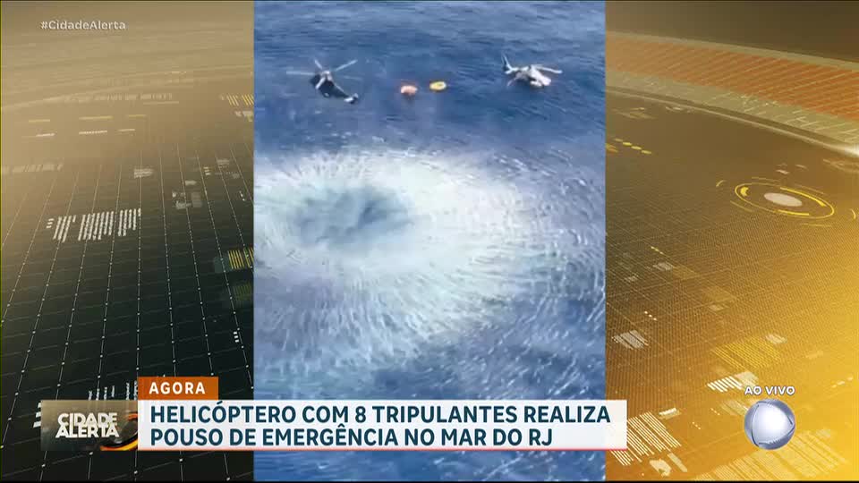 Helicóptero faz pouso de emergência em alto-mar, e tripulantes são socorridos por botes salva-vidas