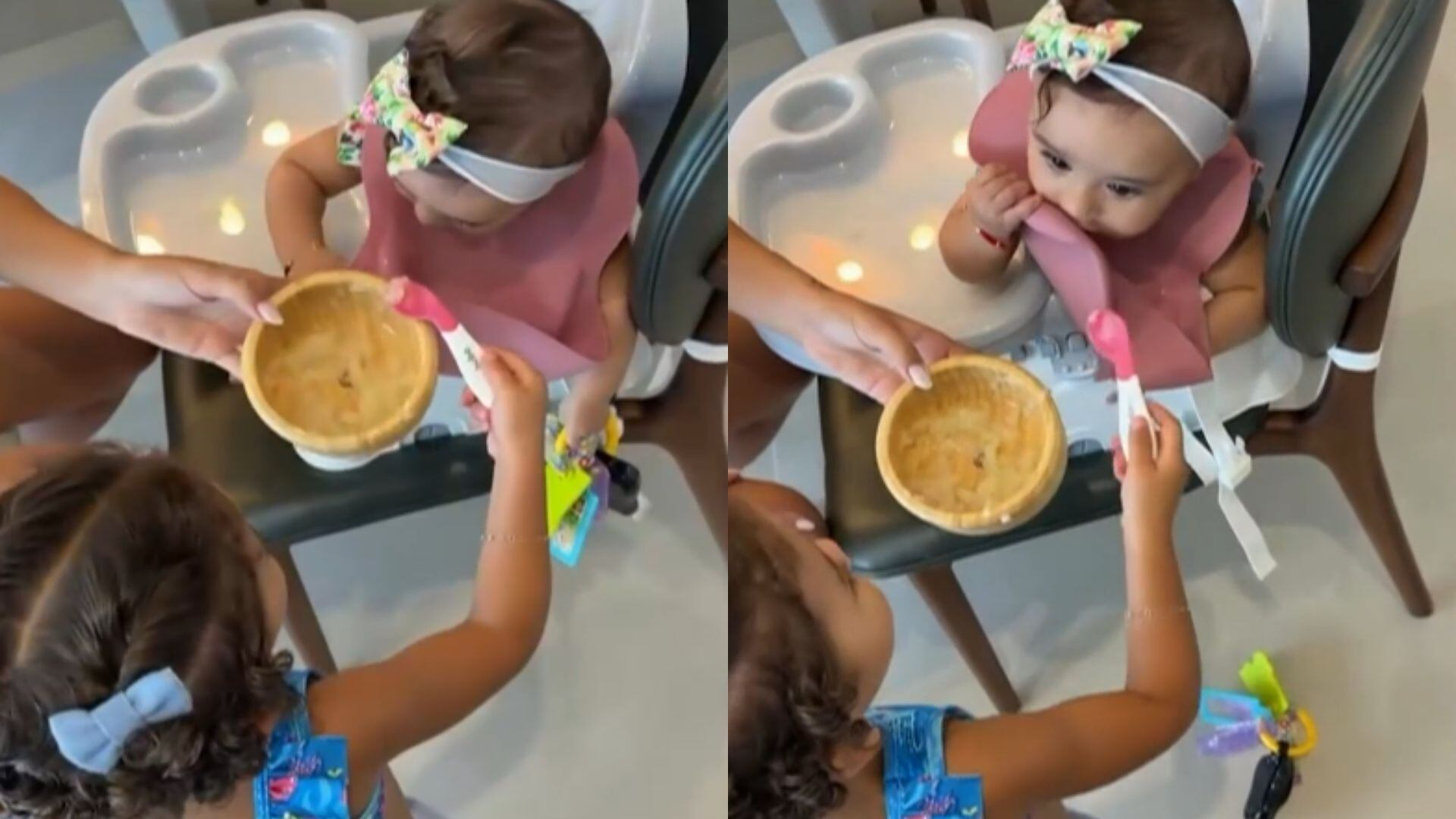 Filha de Neymar, Mavie dá comida na boca da irmã e encanta o público