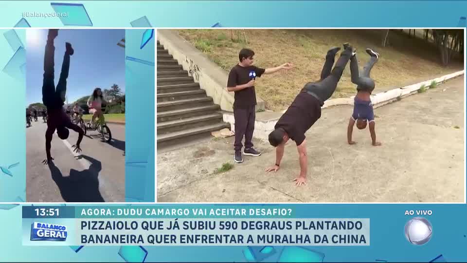 ‘Homem Bananeira’ come salgados e bebe água de cabeça para baixo