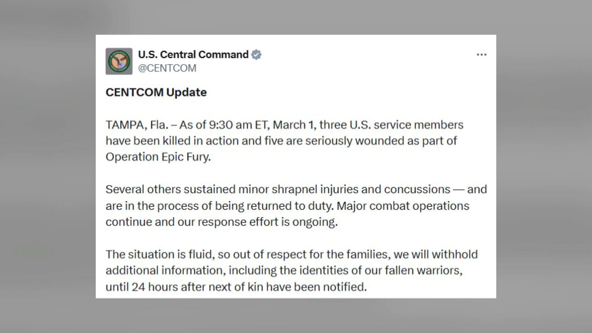 Comando militar dos EUA confirma morte de soldados em conflito no Oriente Médio