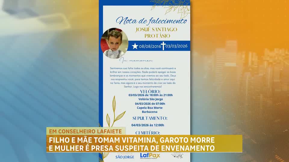 Menino de nove anos morre após ingerir vitamina feita pela mãe em Conselheiro Lafaiete (MG)