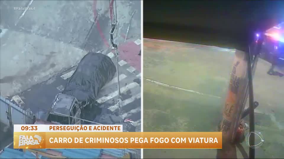 Carro de criminosos pega fogo após colisão com viatura em bairro nobre de São Paulo