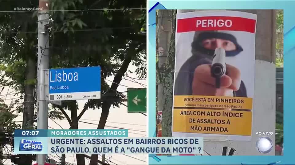 Moradores espalham cartazes sobre o alto índice de assaltos em Pinheiros, zona oeste de São Paulo