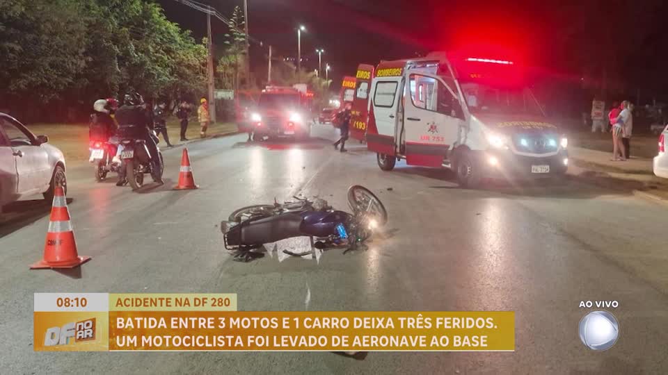 Três pessoas ficam feridas após acidente com motos e um carro na BR-280