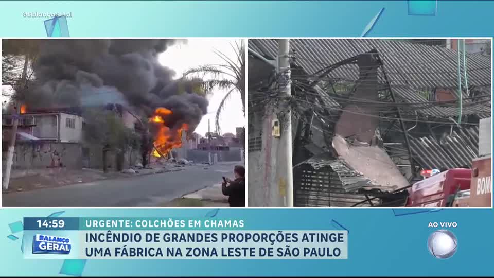Incêndio de grandes proporções atinge fábrica de colchões na zona leste de São Paulo