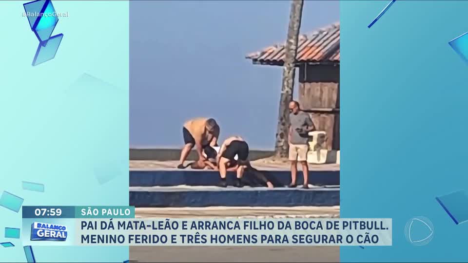 Pai aplica mata-leão para salvar filho de ataque de pitbull na praia de Mongaguá, no litoral de SP