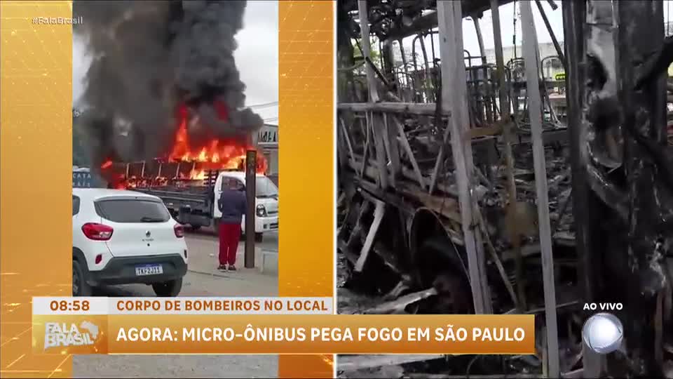 Micro-ônibus pega fogo em Itaquera, zona leste de São Paulo