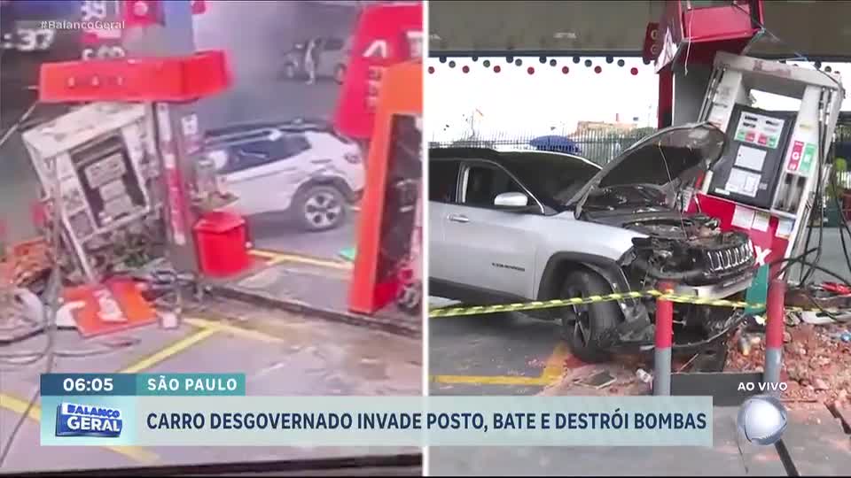Carro desgovernado invade posto e destrói bombas de combustível na zona leste de São Paulo